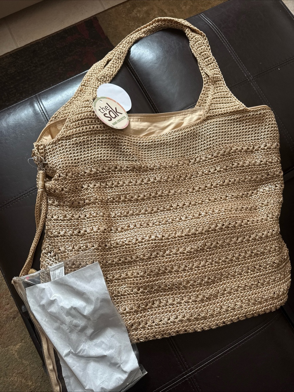 The Sak Beige Crochet Straw gold Tote Bag beach casual fun